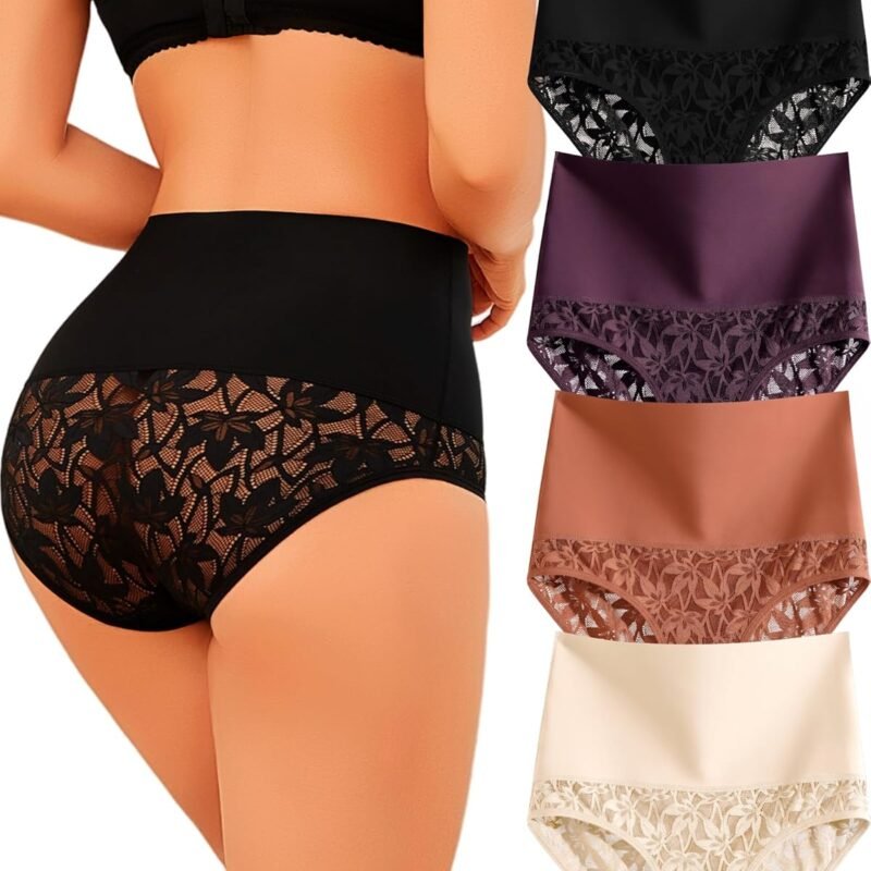 Shapewear for Women Tummy Control High Waisted Panties Sexy Lace Breathable Plus Size Briefs 4-Pack