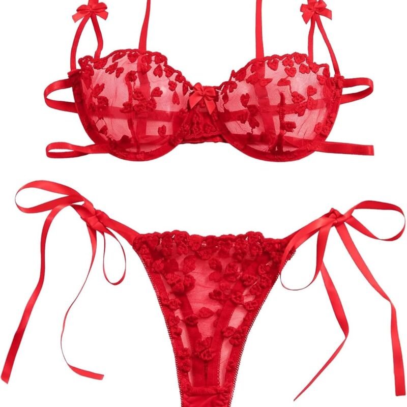 Valentines Day Lingerie Set for Women, 2 Pcs Push up Bra and Panty Sets Strappy Embroidered Lace Exclusive Lingerie