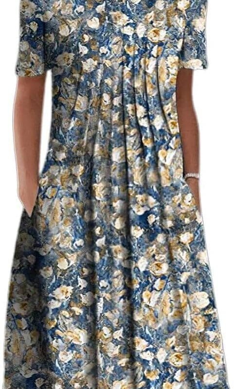 Summer Dresses for Women 2026 Casual Short Sleeve T-Shirt Dress Swing Flowy A Line Midi Dress with Pockets