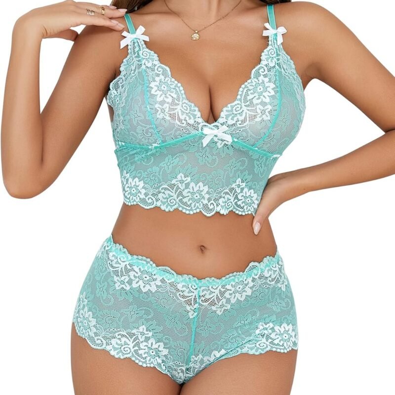 Lilosy Sexy Lace Pajamas Lingerie Set High Waist Sheer Sleepwear Bow Ties Cami Shorts Bra and Panty