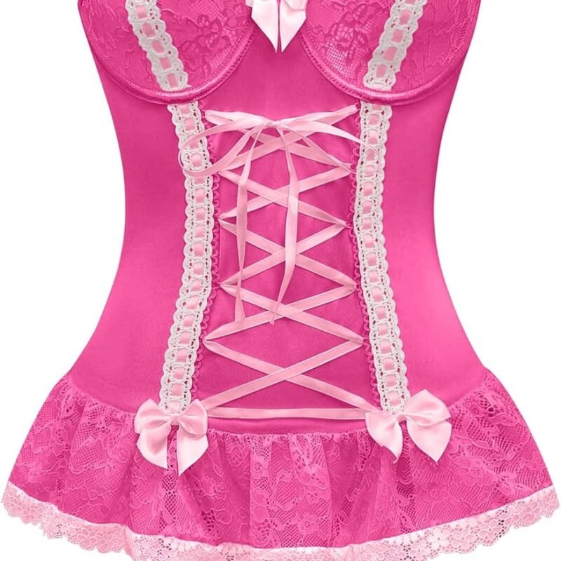 Sexy Mesh Corset Ruffle Lace Up Underwire Sheer Garter Belt Babydoll Lingerie Set With Thong 3 Piece Women