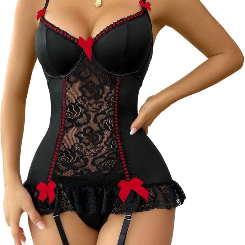 Lilosy Sexy Stocking Garter Belt Bows Floral Lace Babydoll Corset Push Up Teddy Lingerie Set with Panty