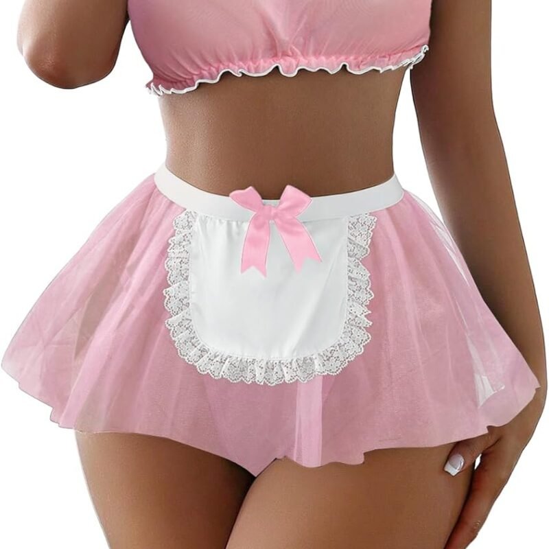 Sexy Stockings Mini Skirt Mesh Sheer Lace Halloween Costume Maid Outfit Lingerie with Thong Set 4 Piece