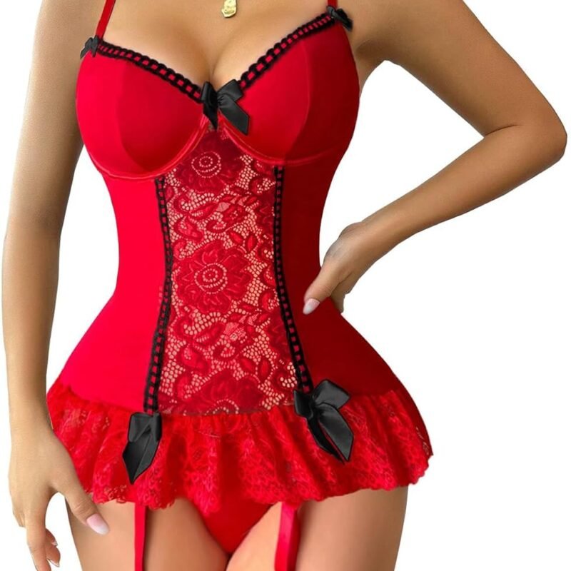 Lilosy Sexy Stocking Garter Belt Bows Floral Lace Babydoll Corset Push Up Teddy Lingerie Set with Panty