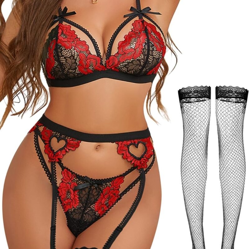 Sexy Stockings Wireless Bows Floral Lace Mesh Sheer Garter Belt Bodydoll Lingerie Set 4 Piece Outfits